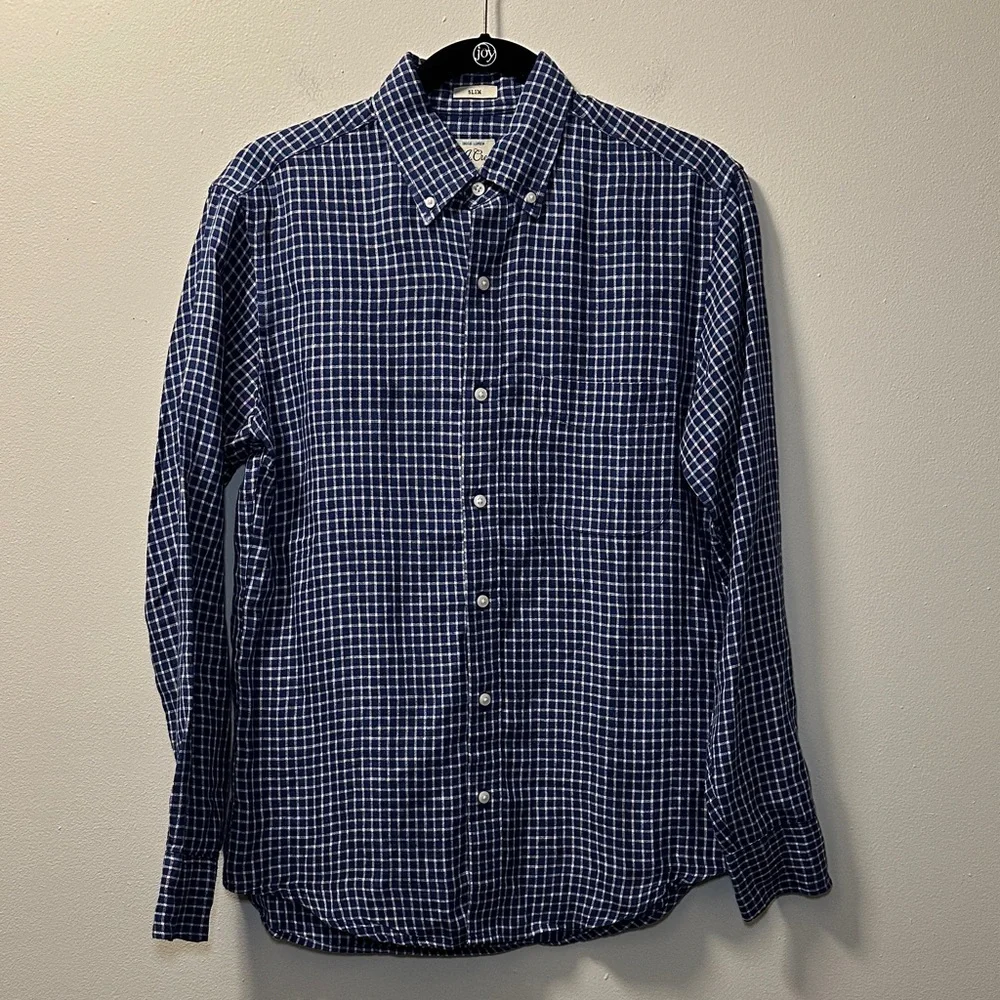 J. Crew Men’s Blue Checkered Slim Long Sleeve Irish Linen Button Down Shirt Sz S